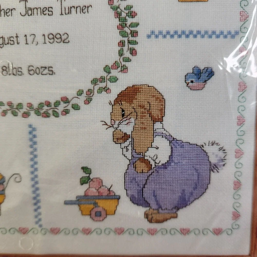 Birth Announcement Baby Sampler Counted Cross Stitch Kit Bunnies Personalize New